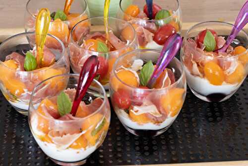 Verrines tomates jambon cru ricotta et melon