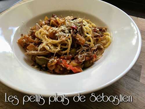 Spaghetti, cuisses de canard confites et sauce aux légumes - Les petits plats de Sébastien