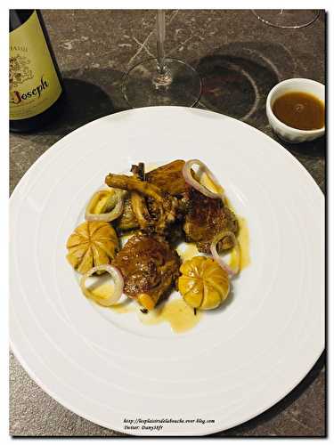 Chicon braisé côtelettes d’agneau poêlés et champignons tournés