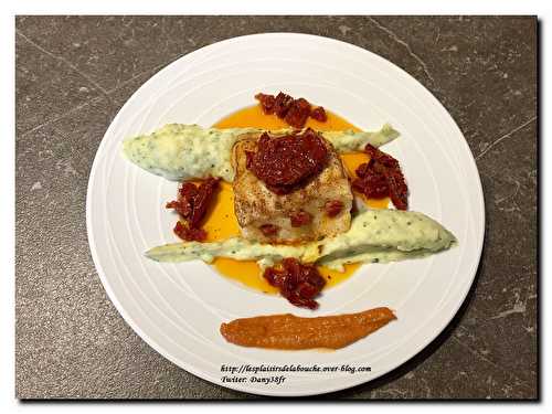 Dos de cabillaud lardé au chorizo et tomates séchées,écrasé de pommes de terre persillées