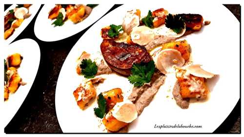 Gnocchis aux pommes de terre, purée de champignons et foie gras poêlé - Les plaisirs de la bouche