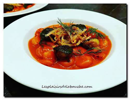 Crevettes à la bisque épicée, pousses de soja et billes de courgettes.(Version rapide)