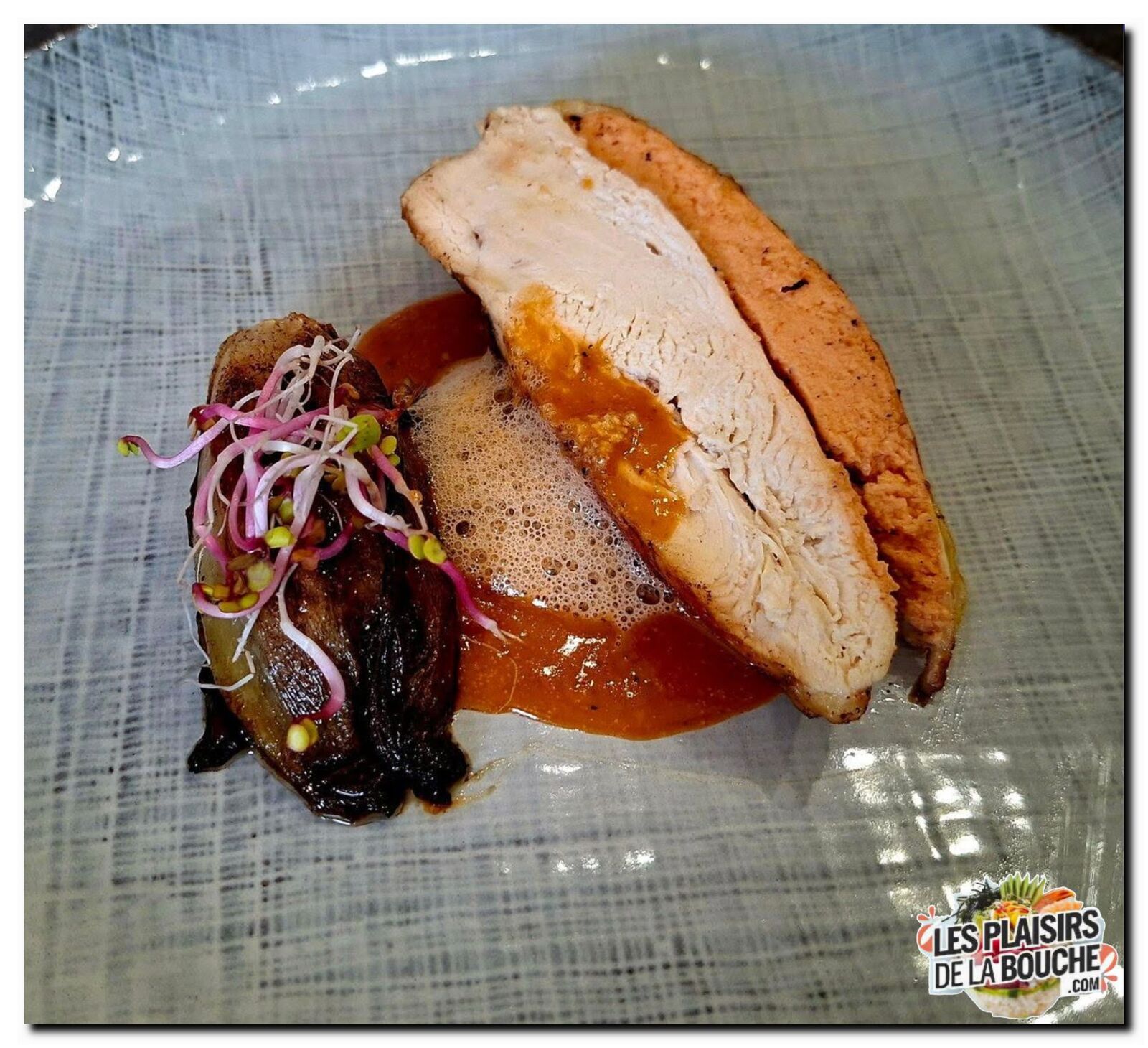 Suprême de poulet farci aux écrevisses, bisque corsée et chicon braisé