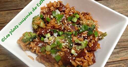 Boeuf au gingembre et riz au brocoli