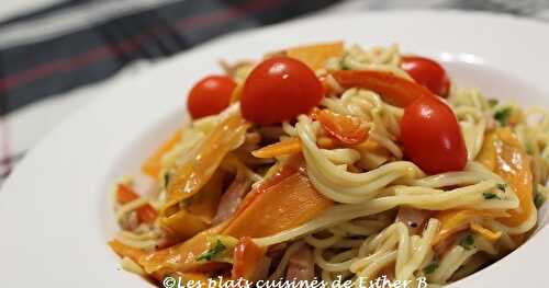 Spaghetti aux légumes et au jambon, sauce moutarde