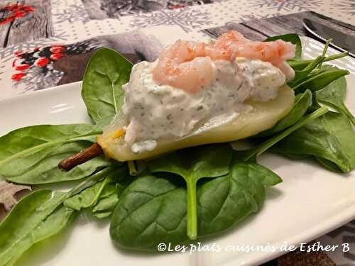 Mousse aux crevettes sur poires pochées 