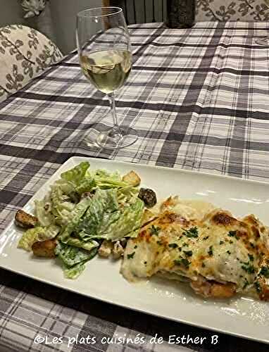 Lasagne aux crevettes, sauce blanche et fromages
