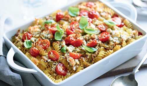 Gratin de pâtes, poulet et légumes à la cancoillotte