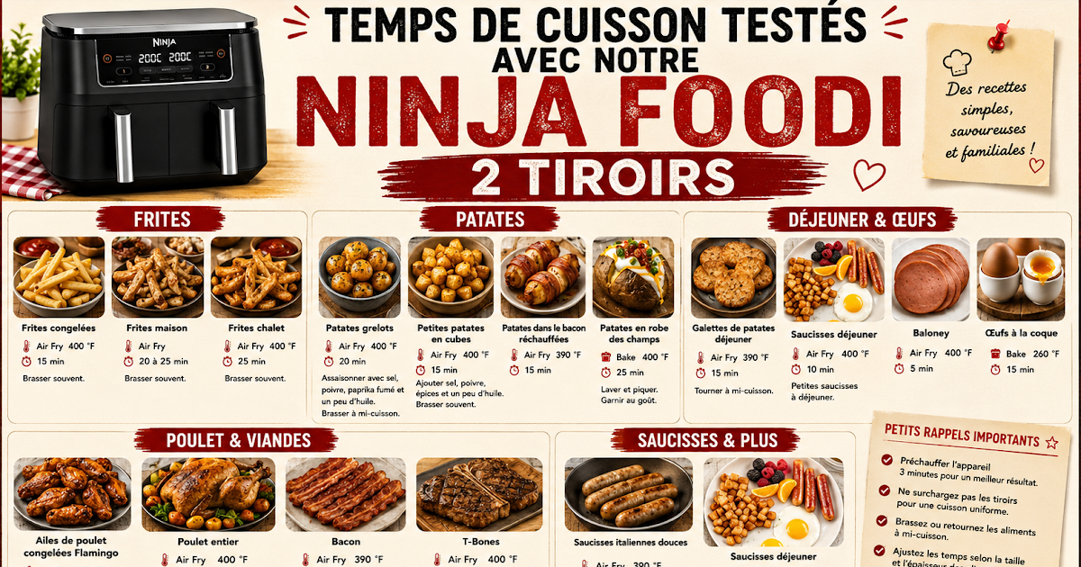 MES TEMPS DE CUISSON TESTÉS AVEC  NINJA  2 TIROIRS