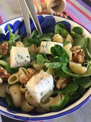 Coudes rayés au Gorgonzola, mâche et noix.