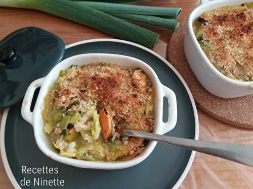 Gratins de moules aux poireaux et au riz