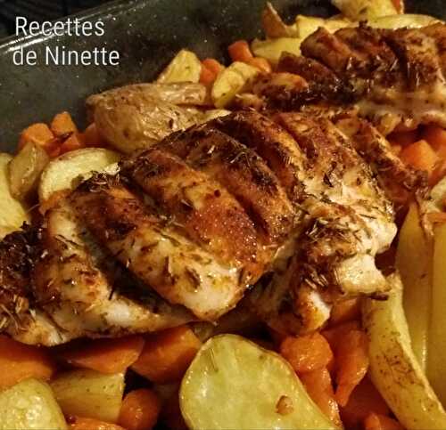 Poulet mariné, pommes de terre et carottes au four