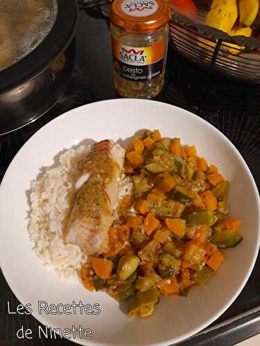 Légumes et poisson au pesto d'aubergines grillées (cuisson micro-ondes)