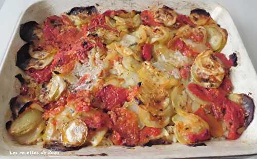 "Gratin" de tomates et courgettes du jardin , riz et thon