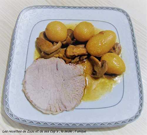 Rôti de porc , pommes de terre et champignons au Cookéo