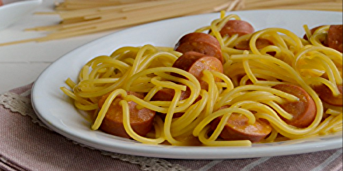 Spaghetti aux Saucisses avec Crème d’Œuf et Fromage
