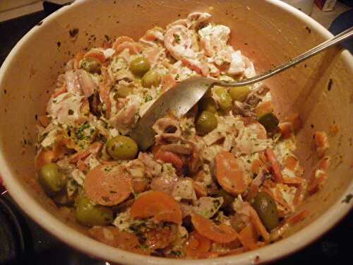 Saute de poulet carotte, champignons et olives vertes