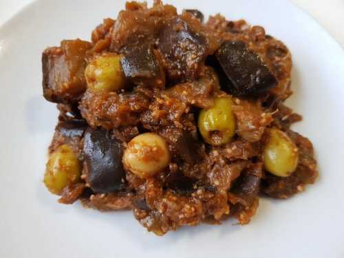 Salade cuite aubergines, tomate et olives