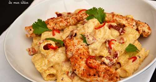 Chicken Rig'n cheese - Pâtes rigatoni et poulet au fromage, tomates séchées et piment... {ma version du Mac'n cheese !}