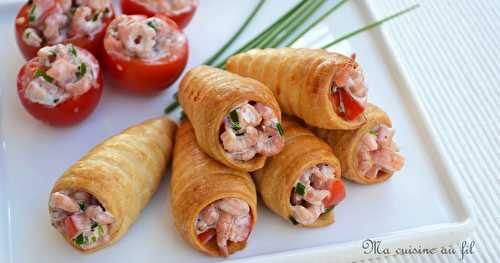 Cornets feuilletés aux tomates et crevettes grises