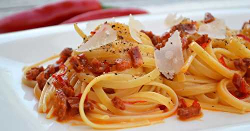 Linguine au chorizo et piment rouge ... (un peu) façon carbonara !