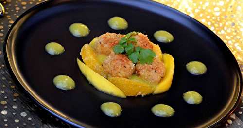 Noix de Saint-Jacques panées au curry, coulis de mangue et orange au coriandre {Fêtes-Nouvel An-Noël}