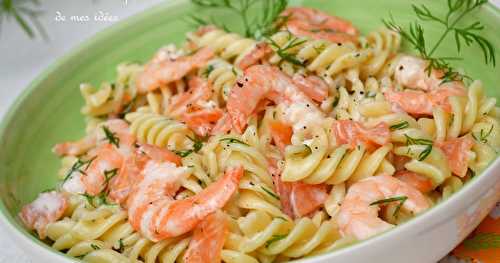 Pâtes spirelli aux crevettes et saumon fumé, crème à l'aneth