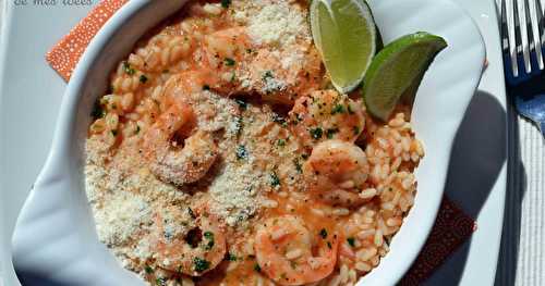 Risotto au bouillon de tomates, scampi, parmesan et citron vert...