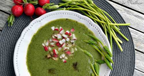 Soupe froide de laitue "feuilles de chêne" et fanes de radis, asperges sauvages...