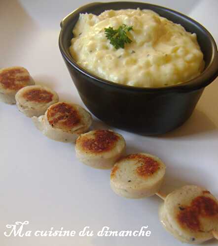 Ecrasé de pommes de terre au citron & brochette de boudin blanc à la truffe