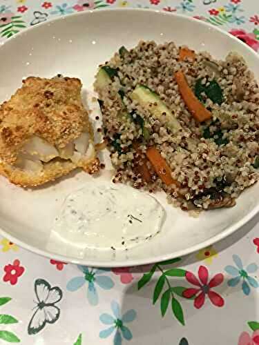 Poisson pané avec son quinoa aux petits légumes