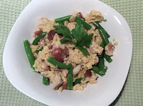 Millet crémeux au lait de coco, champignons et haricots verts