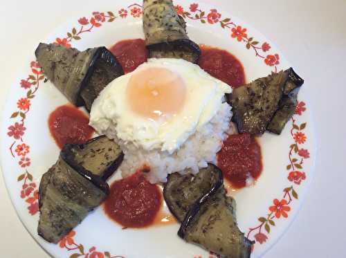 ŒUF SUR LIT DE RIZ ET AUBERGINE GRILLEE