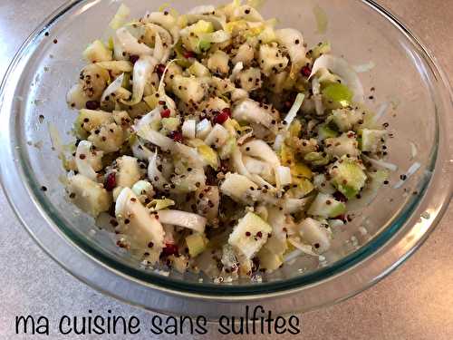 Salade de quinoa, endives, céleri, fruits d’hiver et grenade (spéciale « avant ou après les fêtes »), et une balade sous des paysages enneigés de la Nouvelle-Angleterre