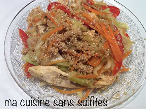 Salade tiède, d’inspiration asiatique, de quinoa et poulet aux légumes sautés (chou, poivron et carotte) – et comment désaltérer la nature à moindre frais