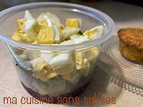 Salade de betterave, œuf dur, avocat, cornichon, recette végétarienne sans sulfites (pique-nique ou pause-repas au travail)