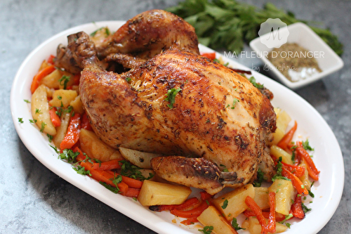 Poulet rôti au four sur son lit de légumes !