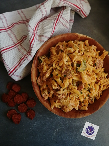 Pâtes au chorizo, ricotta, courgette et poireau