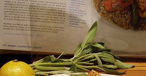 Pétoncles poêlées aux lentilles, pancetta croustillante et crème fraîche citronnée