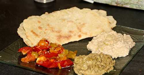 Repas libanais :  Harra, hoummous de haricots blancs, moutabbal au micro-onde et galette