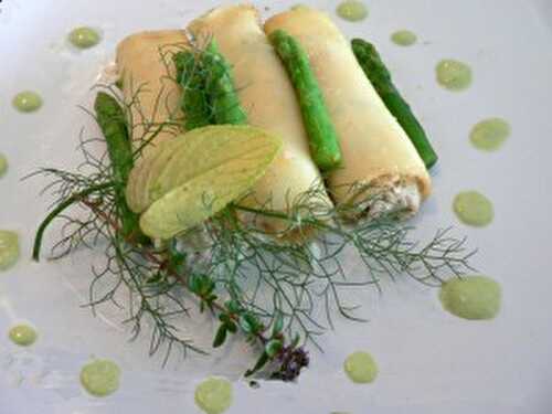 Cannelloni aux crevettes et asperges vertes.
