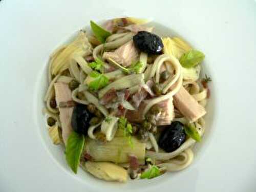 Linguines au thon ,artichauts , olives et lardons.