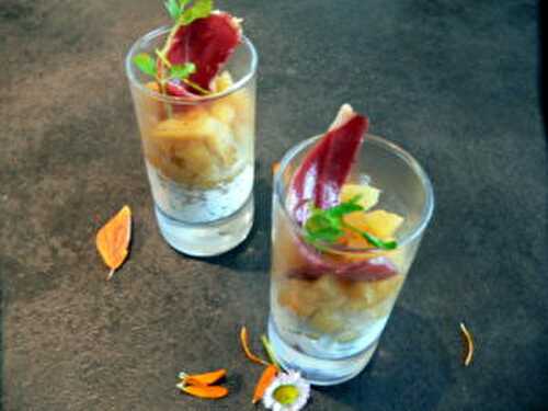 Verrine au chèvre frais,pomme et magret fumé