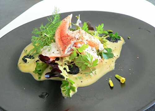 Salade fraiche aux pinces de homard ,sauce mousseline au kari gosse