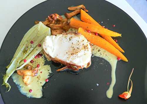 Tournedos de lotte au jambon de bayonne légumes racines et girolles