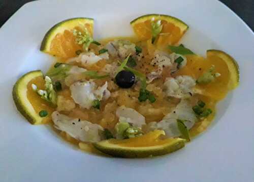 Carpaccio parfumé de crevettes aux oranges chocolat