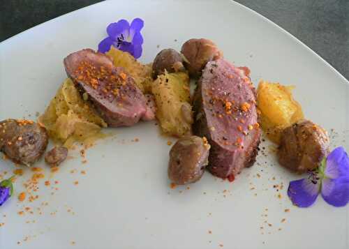 Magret de canard aux oranges et châtaignes .