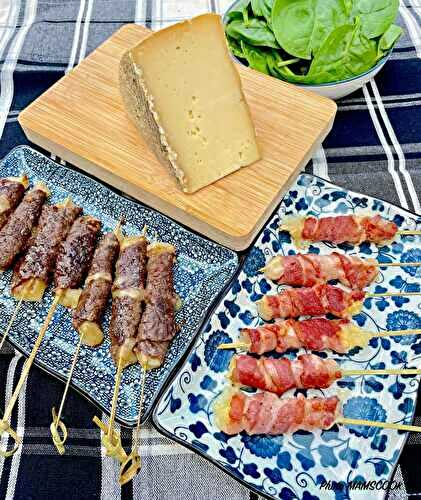 Brochettes de Tomme des Pyrénées IGP en 2 façons, au lard et au boeuf!
