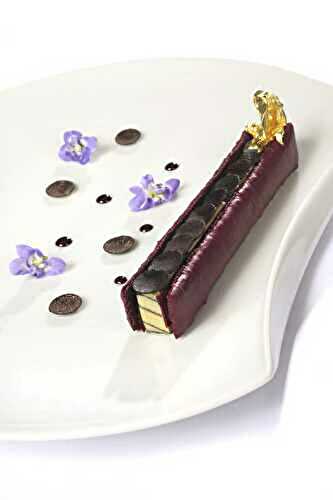 Foie gras de canard poché au porto en éclair macaroné à la violette de Toulouse et truffe noire par Yannick Delpech le chef doublement étoilé de l'Amphitryon