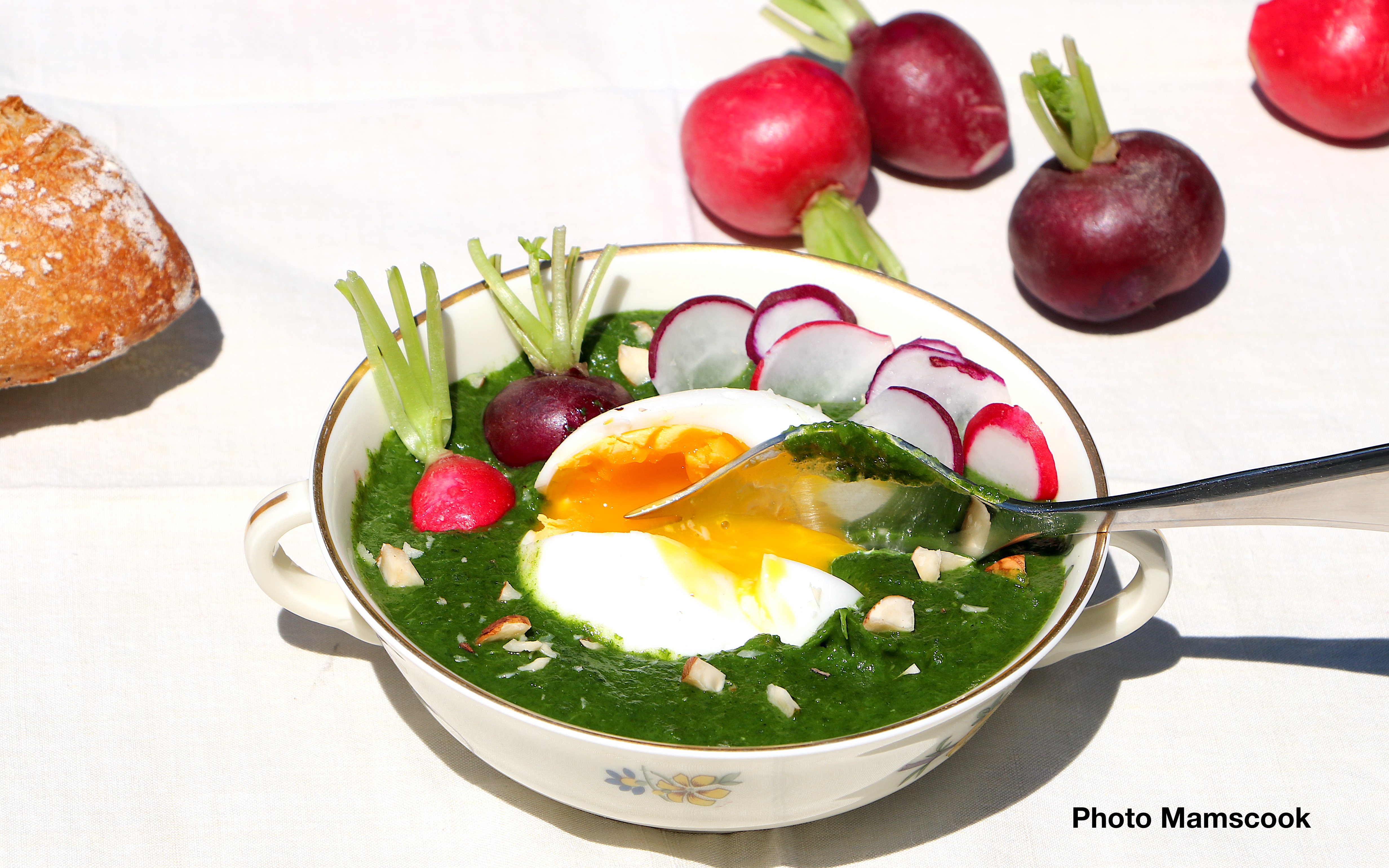 Purée de fanes de radis et oeuf mollet, comme un jardin printanier!